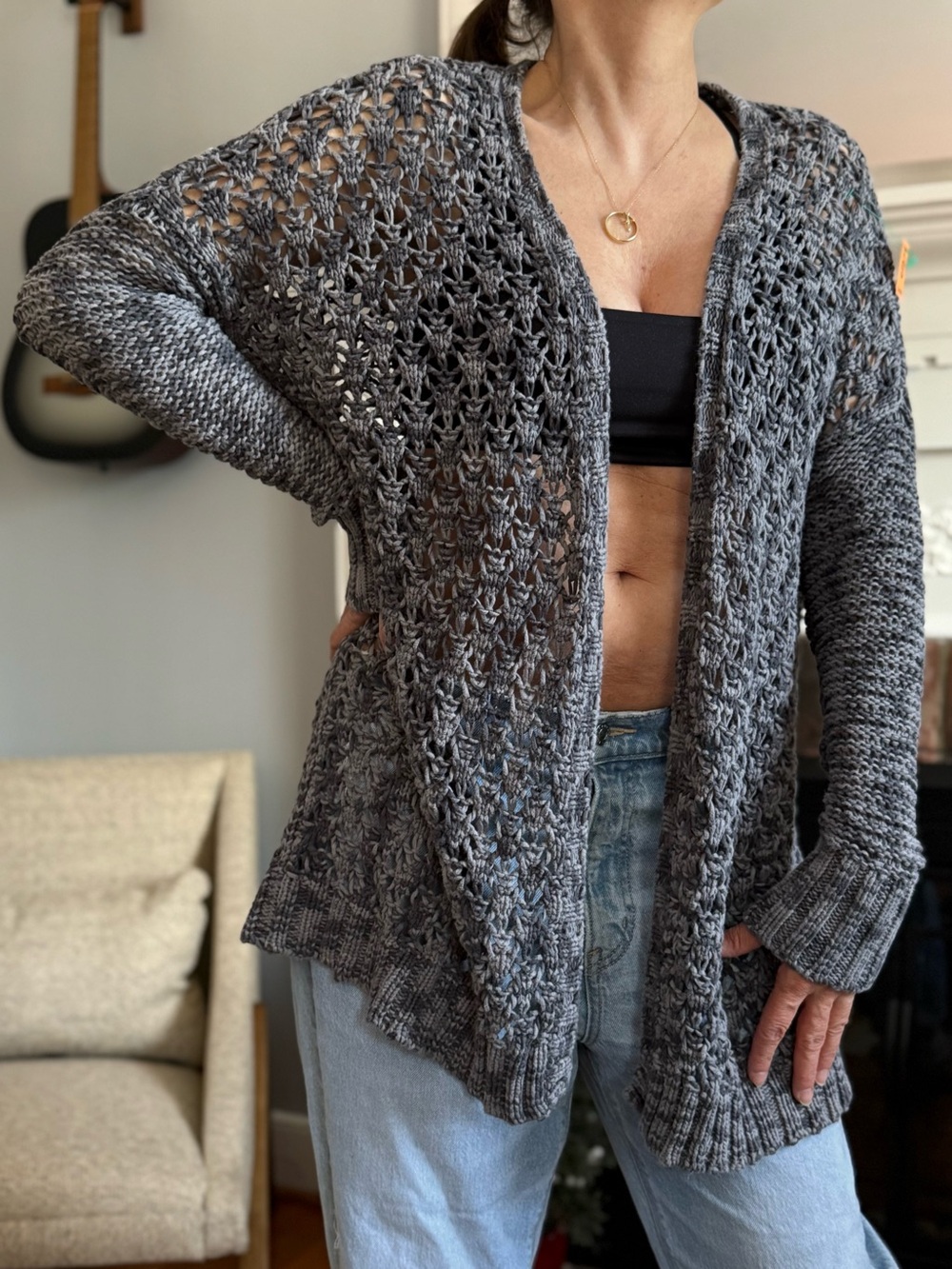 American Eagle Outfitters Gray Open-Weave Crochet Cardigan